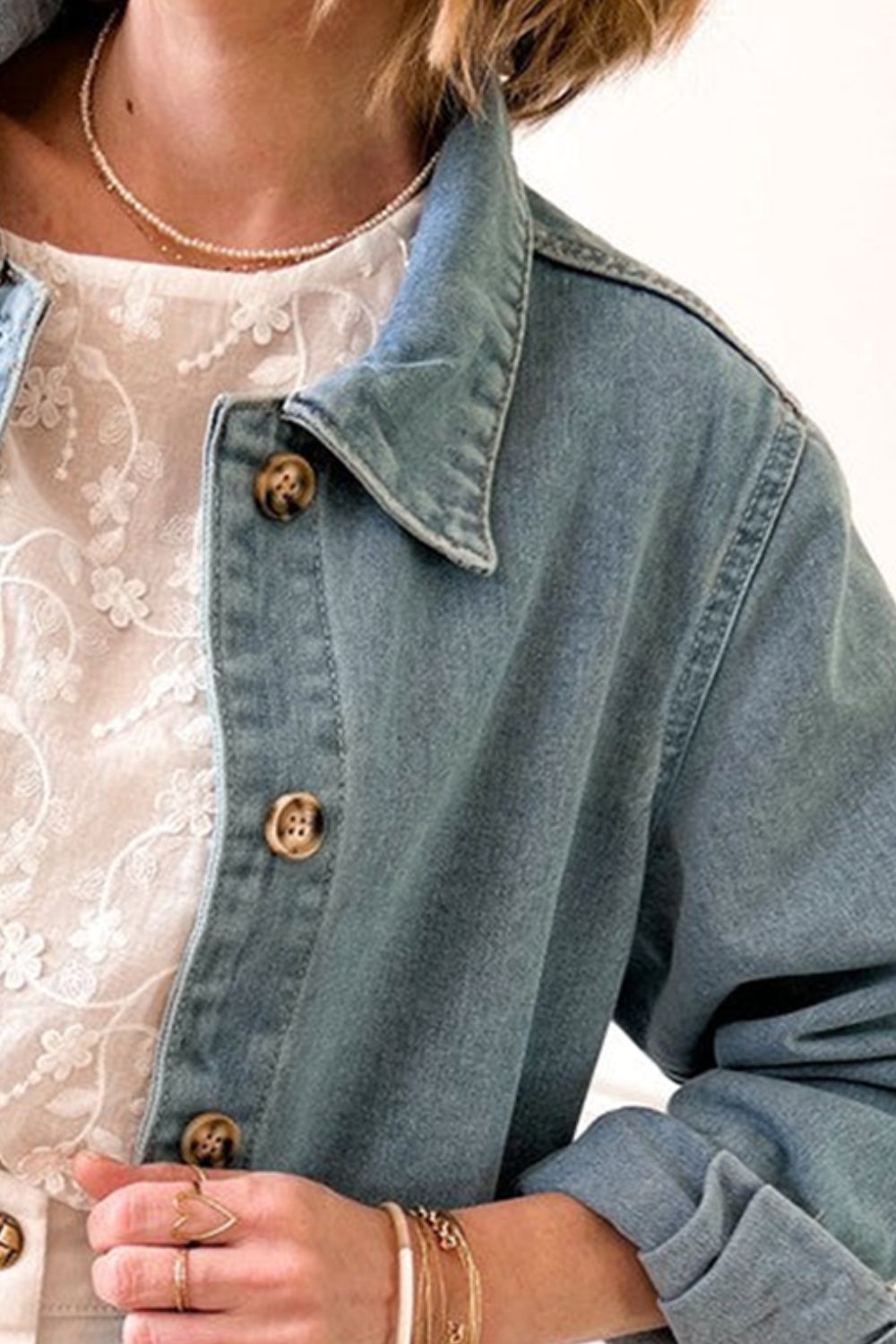 Pocketed Button Up Long Sleeve Denim Jacket Trendsi