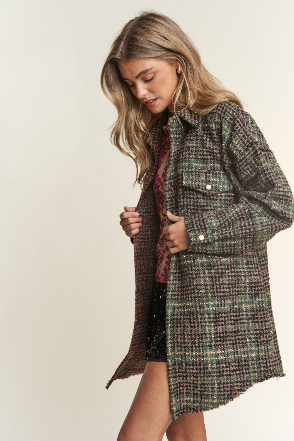 J.NNA Snap Down Tweed Plaid Contrast  Longline Shacket Trendsi