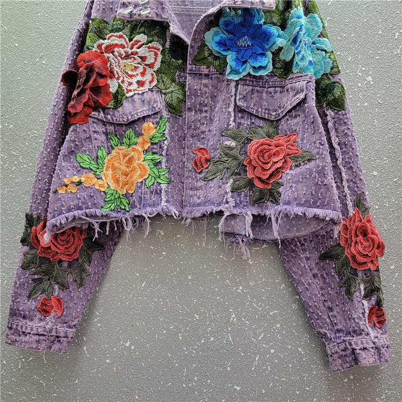 Design Sense Heavy Industry Three-dimensional Flower Short Frayed Hem Casual Denim Coat ARZ