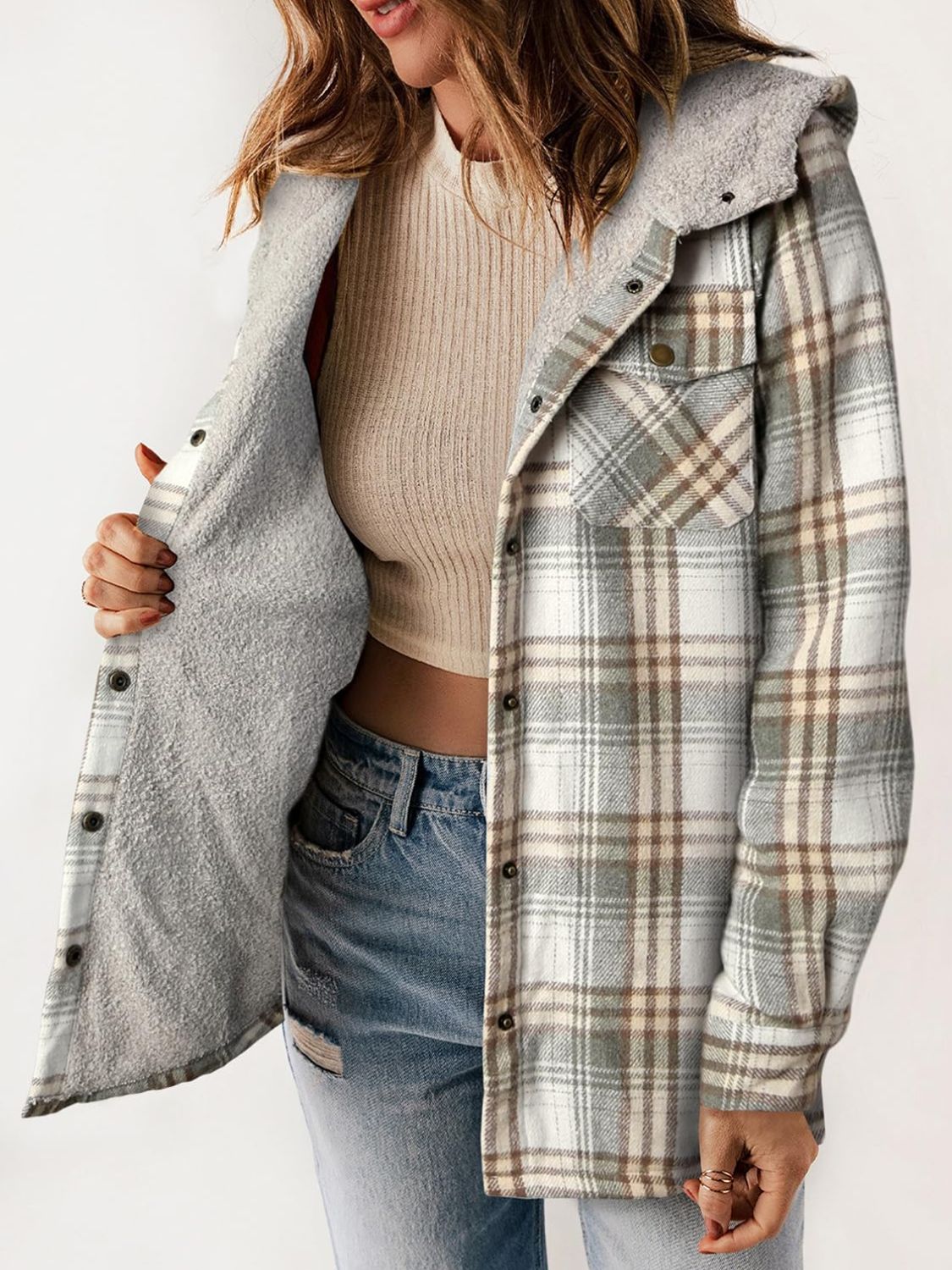 Plaid Snap Down Plush Hooded Jacket Trendsi