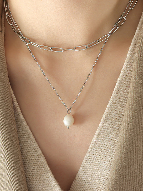 Freshwater Pearl Titanium Steel Double-Layered Necklace Trendsi