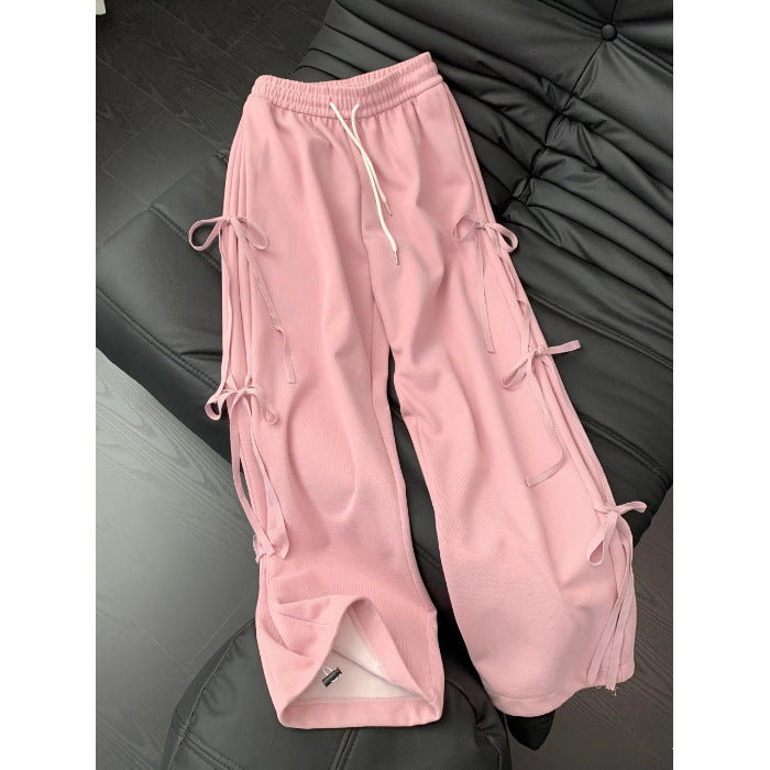 Women's Korean-style Vintage Bow Lace Up Straight Sweatpants ARZ