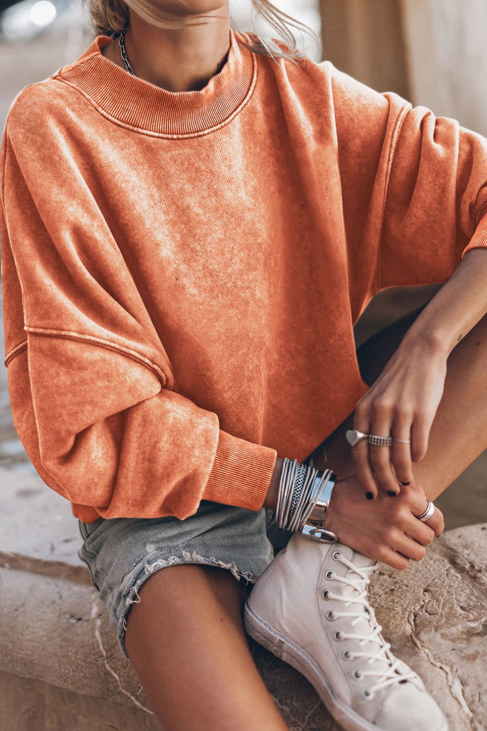 Mock Neck Dropped Shoulder Sweatshirt Trendsi