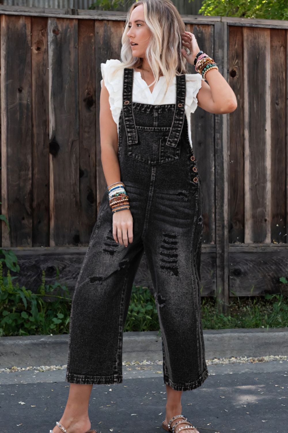 Distressed Wide Strap Denim Overalls Trendsi