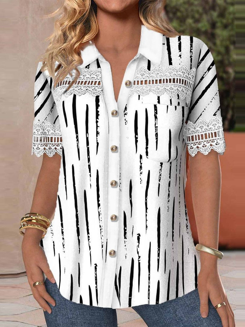 Women's V-neck Buttons Stitching Short Sleeve Casual Printed Shirt ARZ