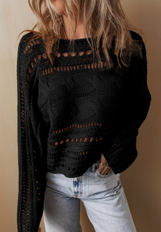 Openwork Cable Knit Long Sleeve Sweater Trendsi