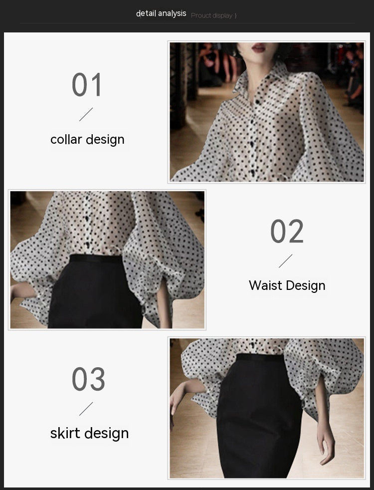 Female Organza Large Lantern Sleeve Polka Dot Perspective Shirt ARZ