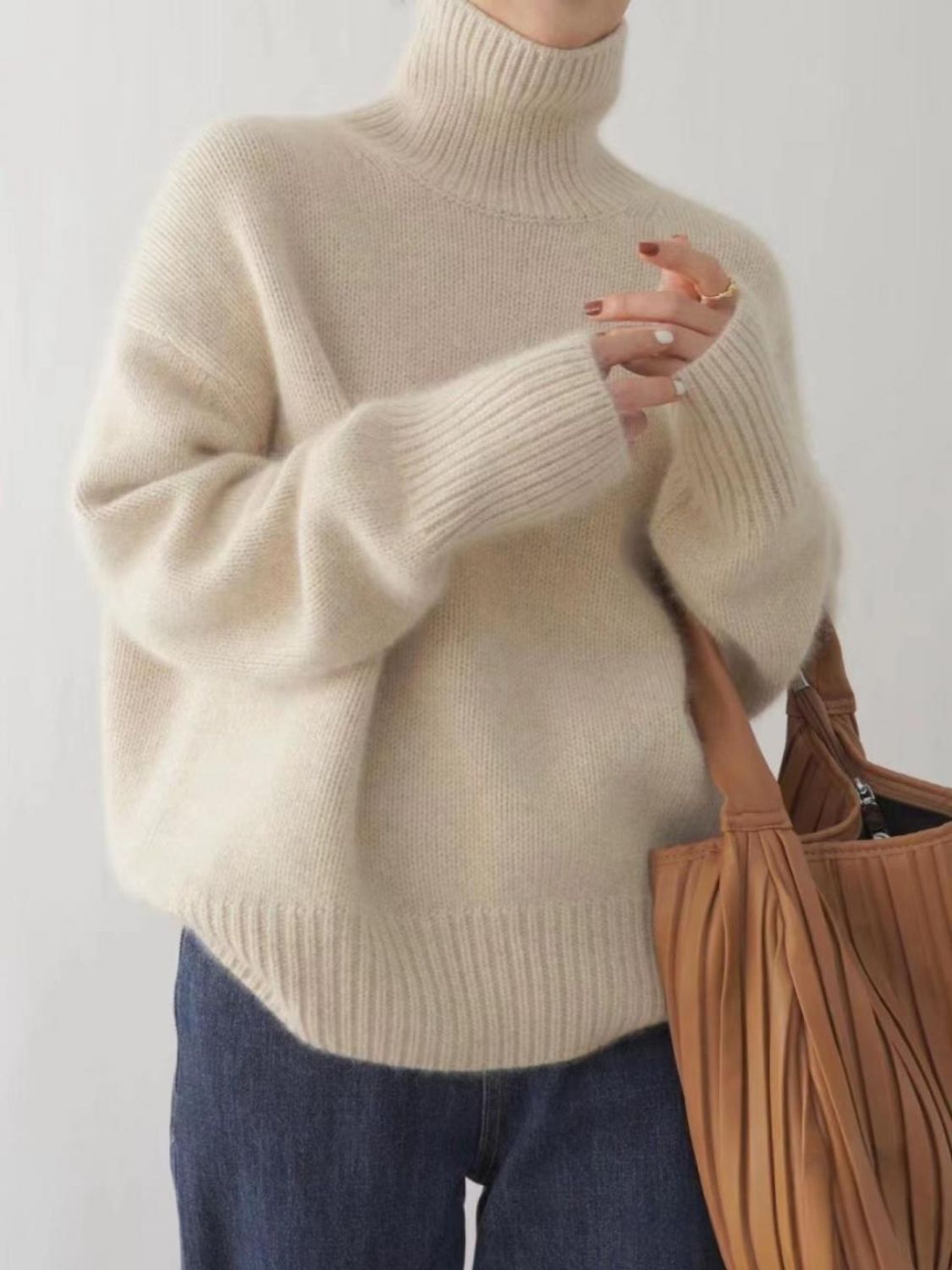 Turtleneck Dropped Shoulder Long Sleeve Sweater Trendsi