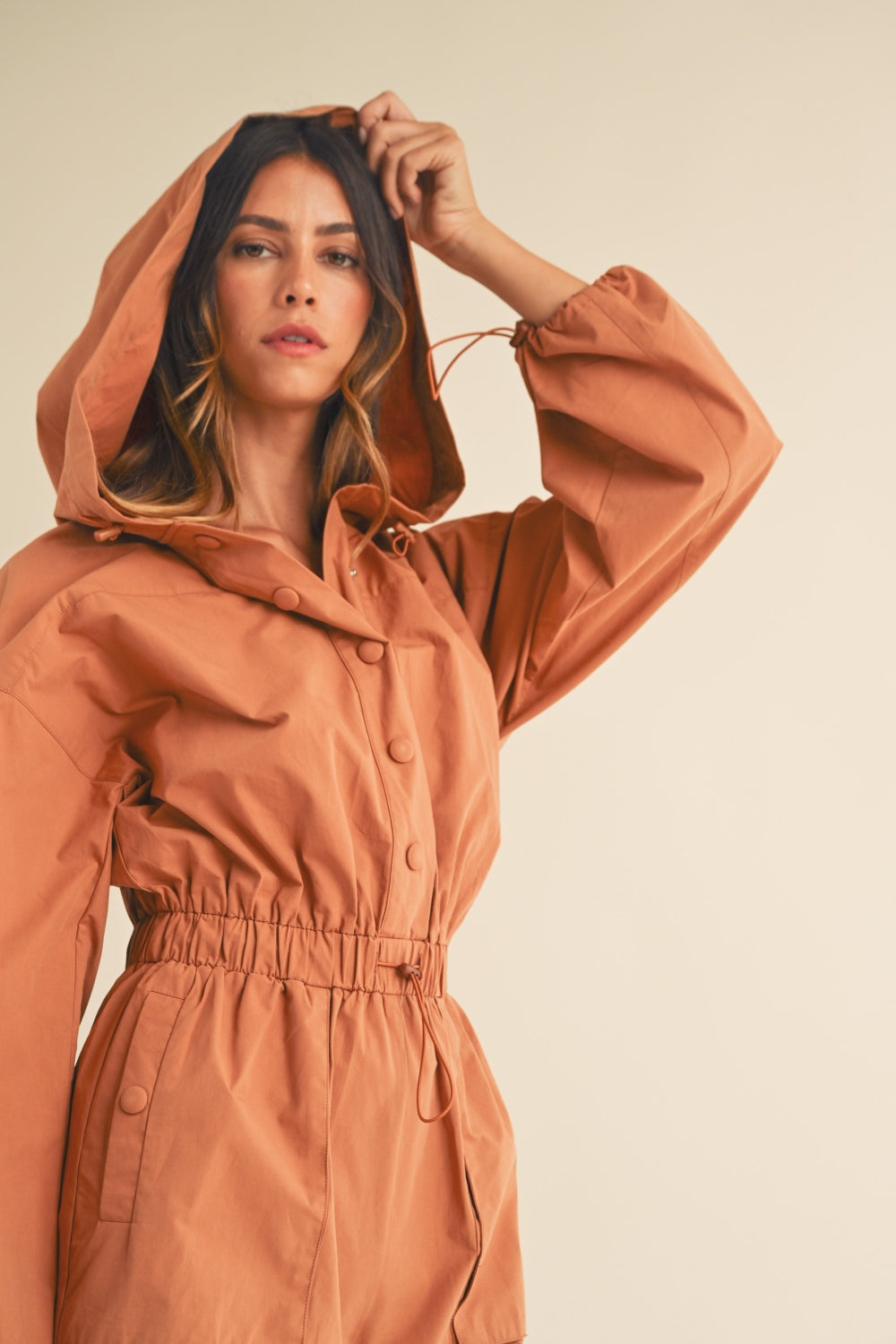 Mable Snap Down Long Sleeve Hooded Romper Trendsi