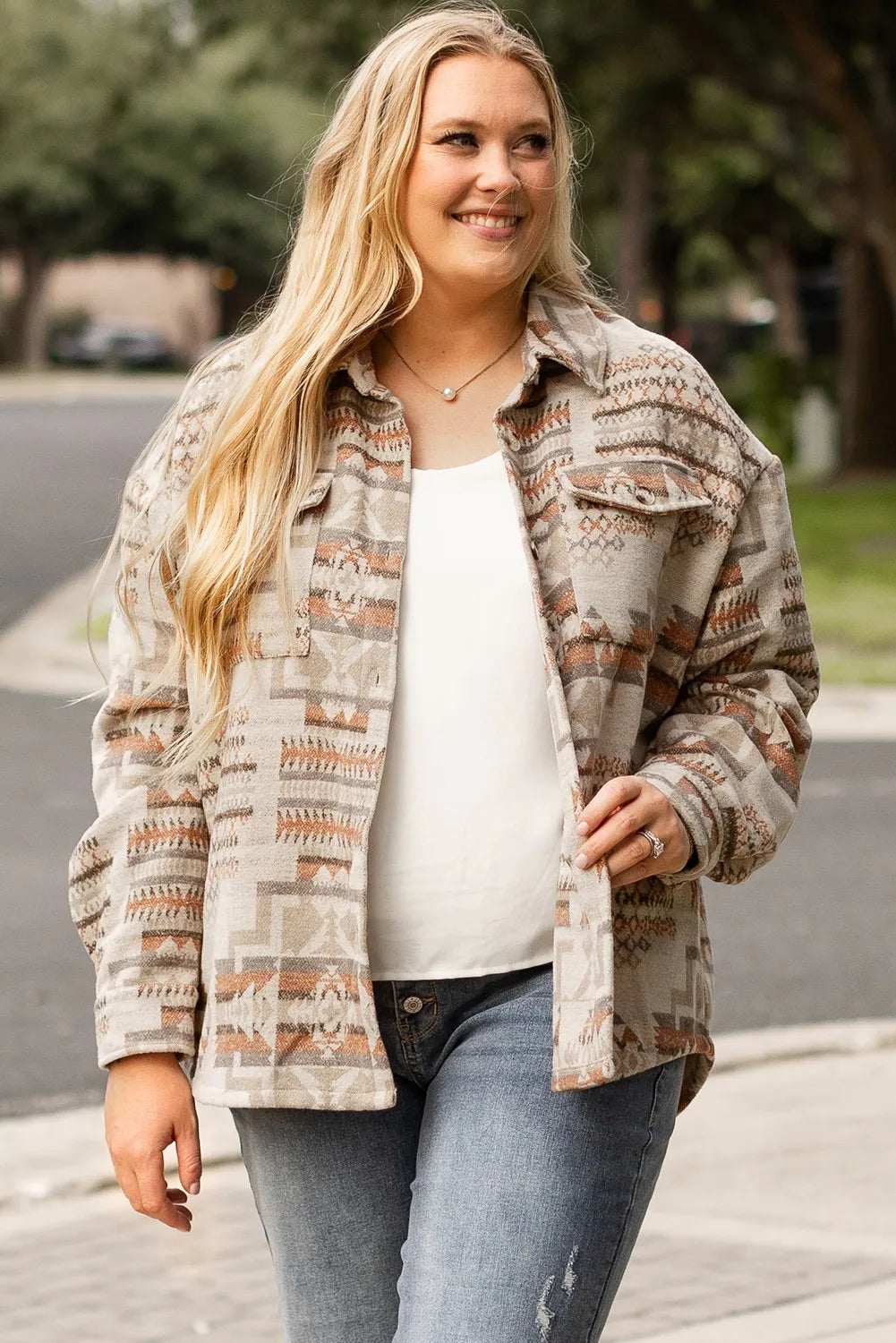 Plus Size Geometric Collared Neck Long Sleeve Jacket Trendsi