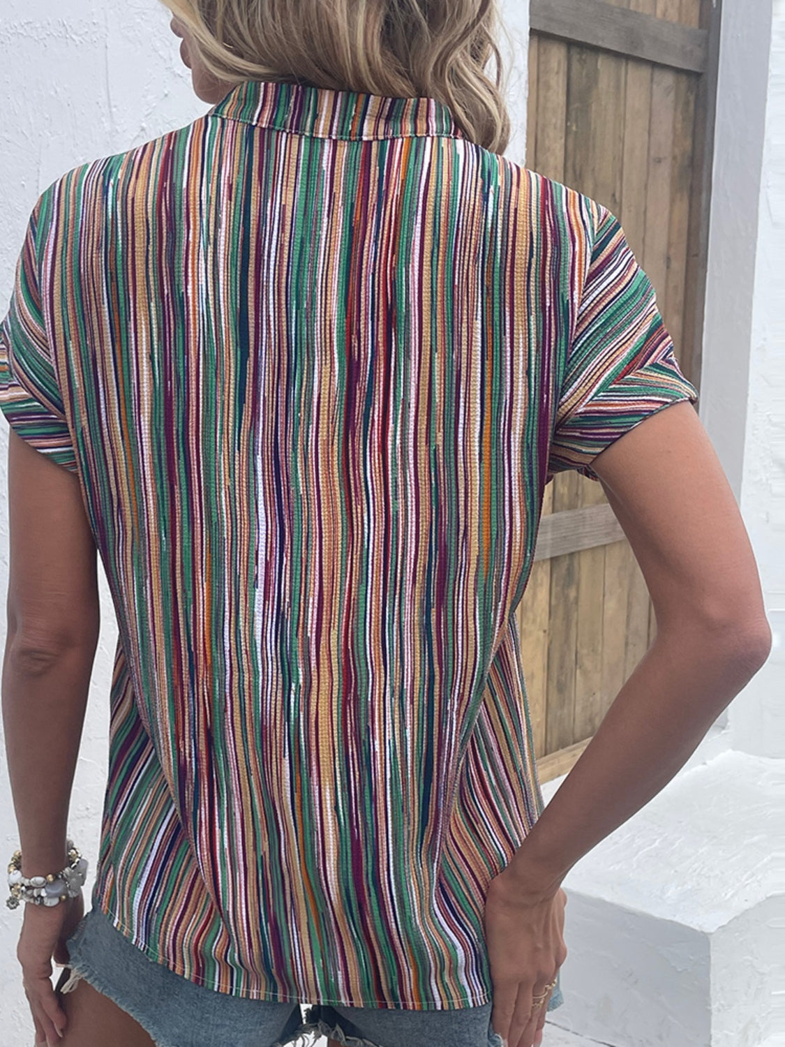 Shiny Striped Notched Short Sleeve Blouse Trendsi