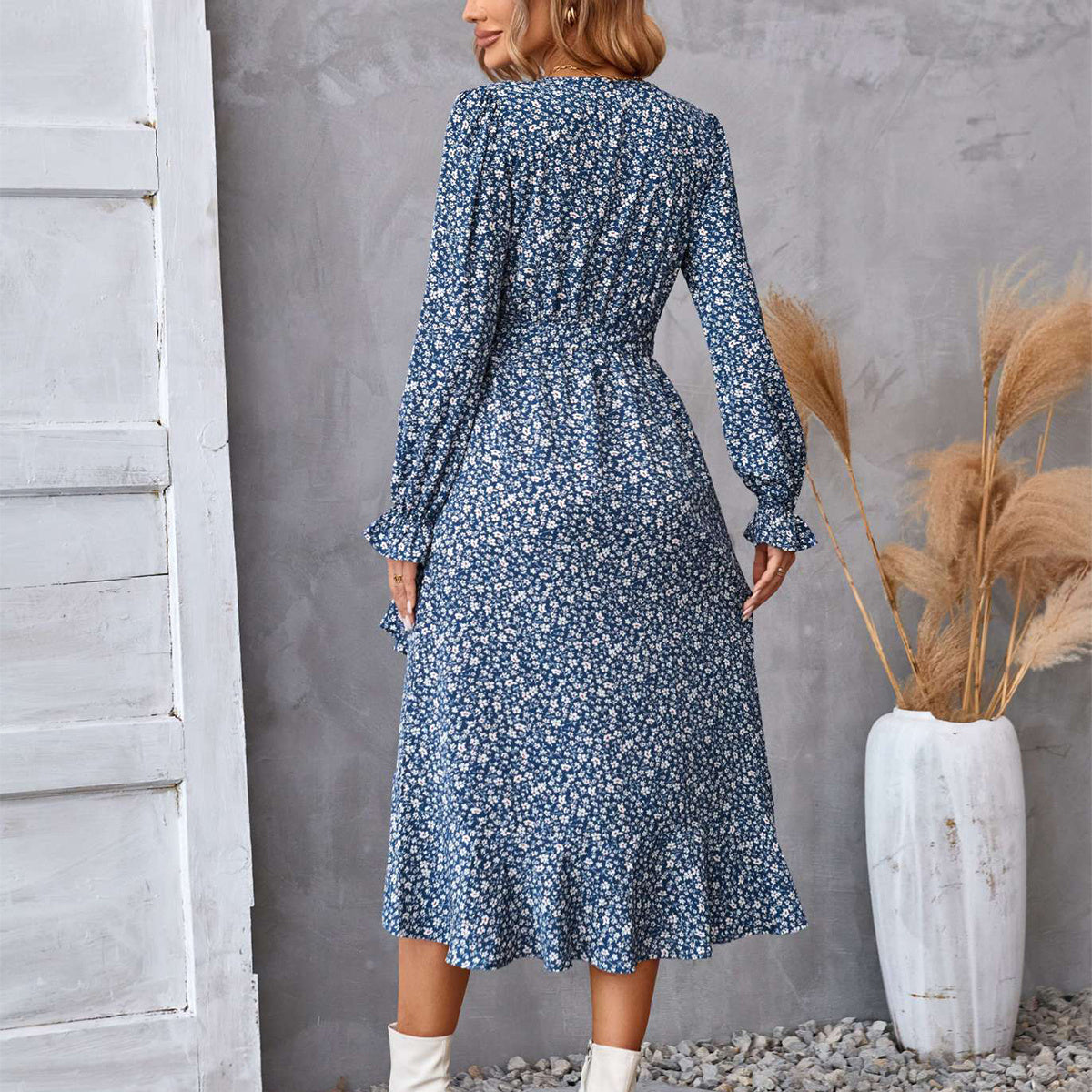 Flowers Print Long Sleeve Dress Fashion Ruffled Commuter Temperament Dresses Womens Clothing ARZ