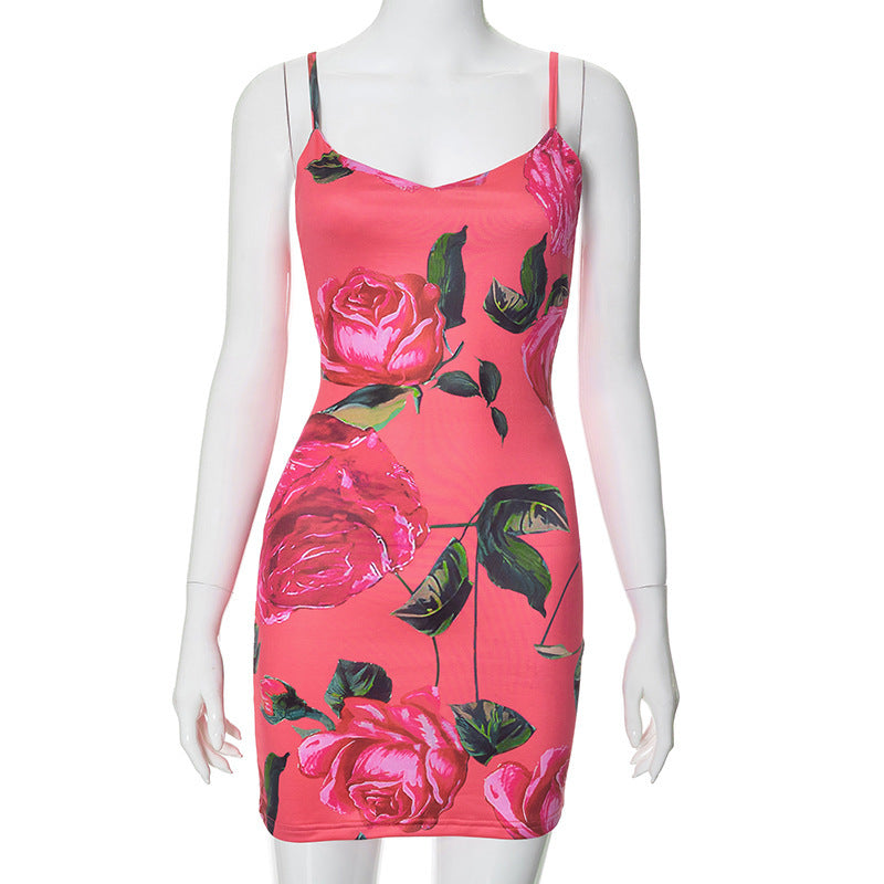 Rose Printed Sling Vacation Style Dress ARZ