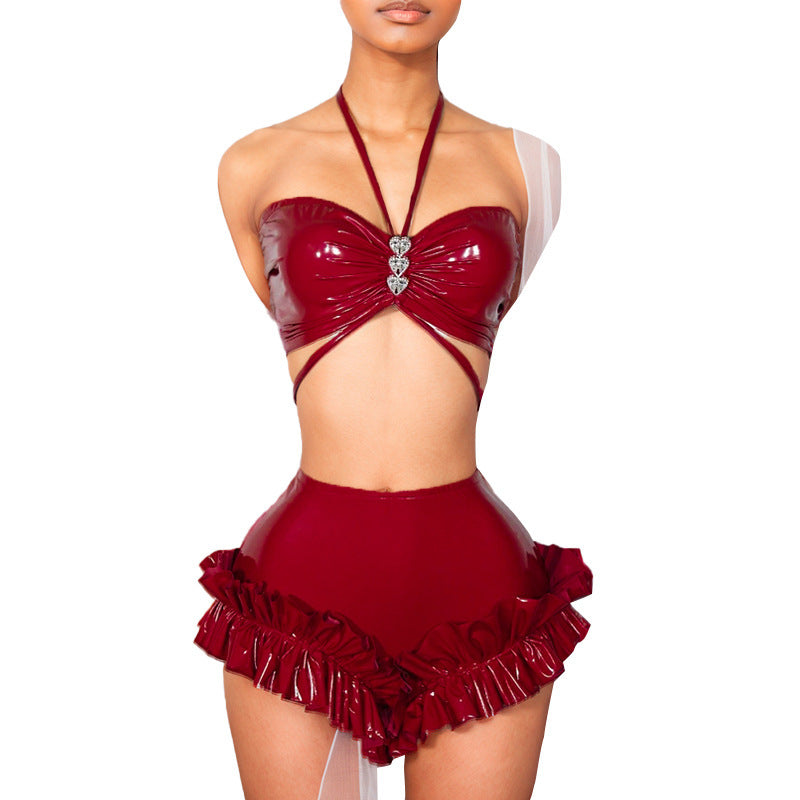 Heart-shaped Halter Wrapped Chest PU Leather High Waist Shorts Suit ARZ