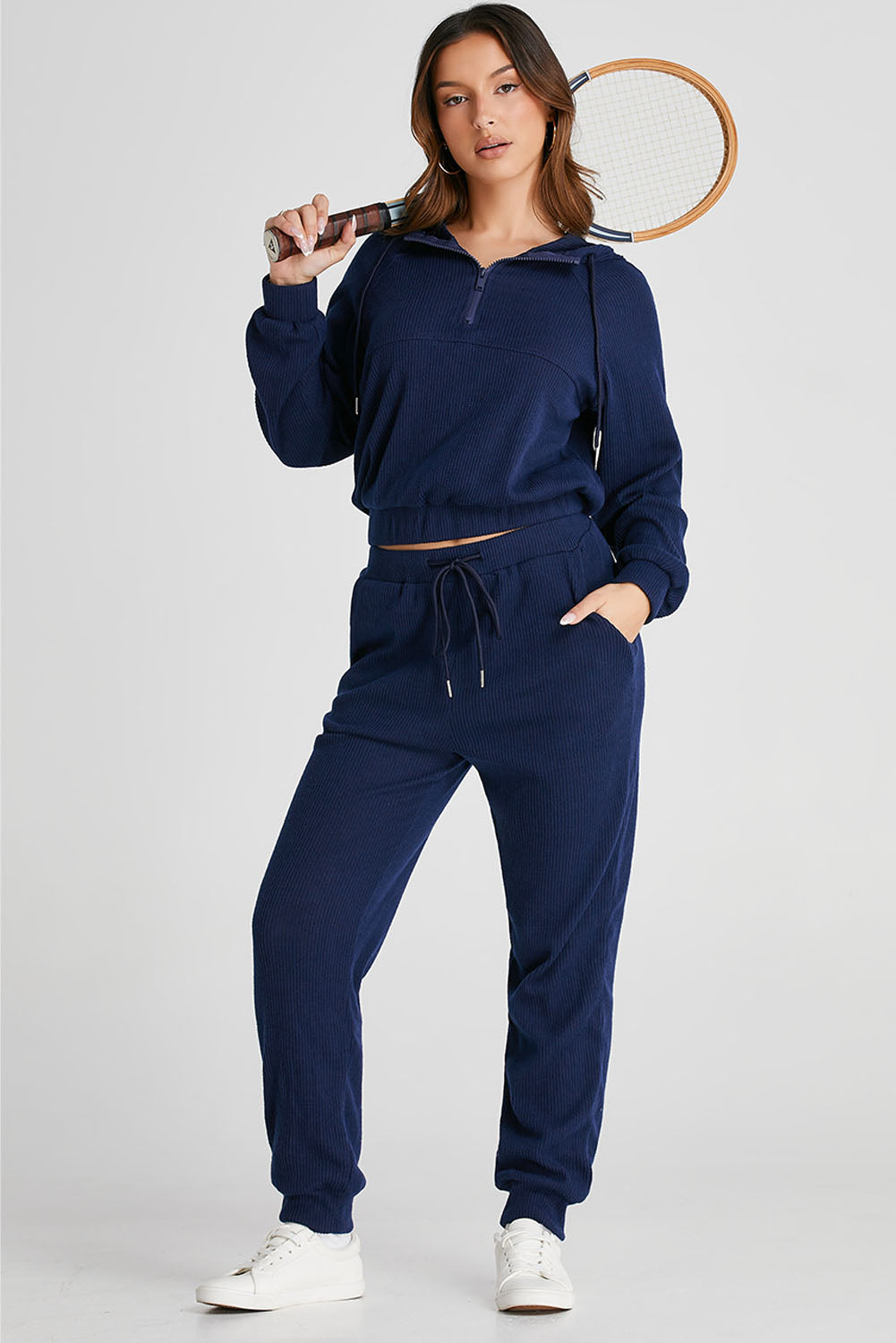 Drawstring Half Zip Hoodie and Joggers Active Set Trendsi