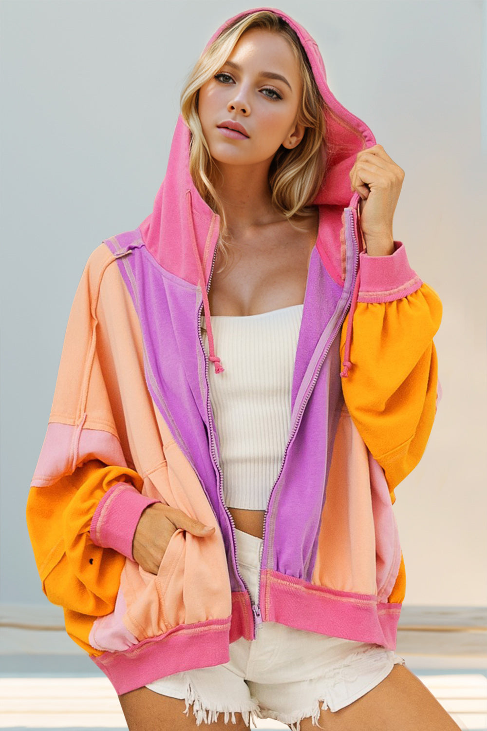 Double Take Full Size Color Block Zip Up Hoodie Trendsi