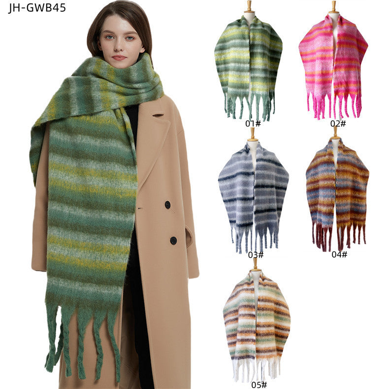 European And American Winter Thickened Circle Yarn Thick Braid Tassel Striped Scarf Shawl ARZ