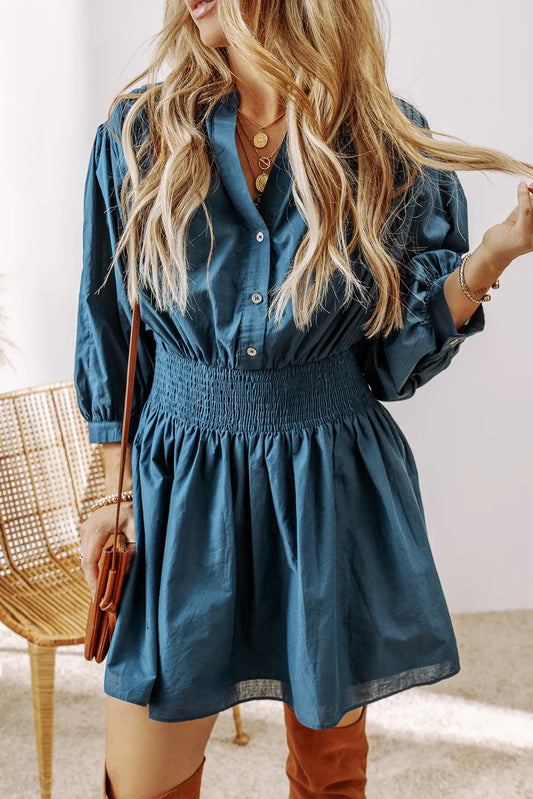 Smocked Half Button Three-Quarter Sleeve Mini Dress Trendsi