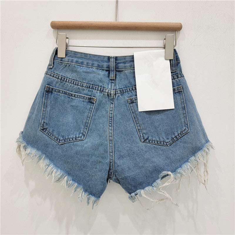 Denim Shorts Women's Summer High Waist Slimming Rhinestone Fringed Burr ARZ