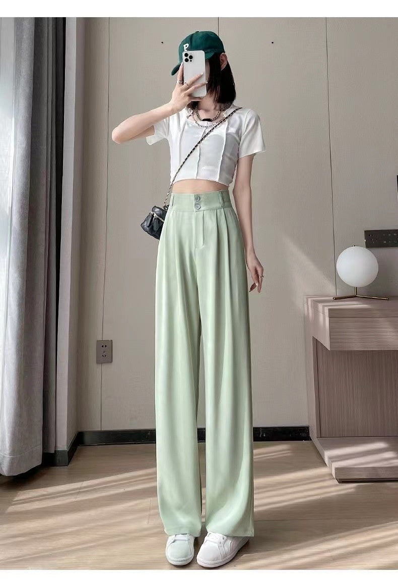 Green Ice Silk Wide-leg Pants Women's Summer Thin High Waist ARZ