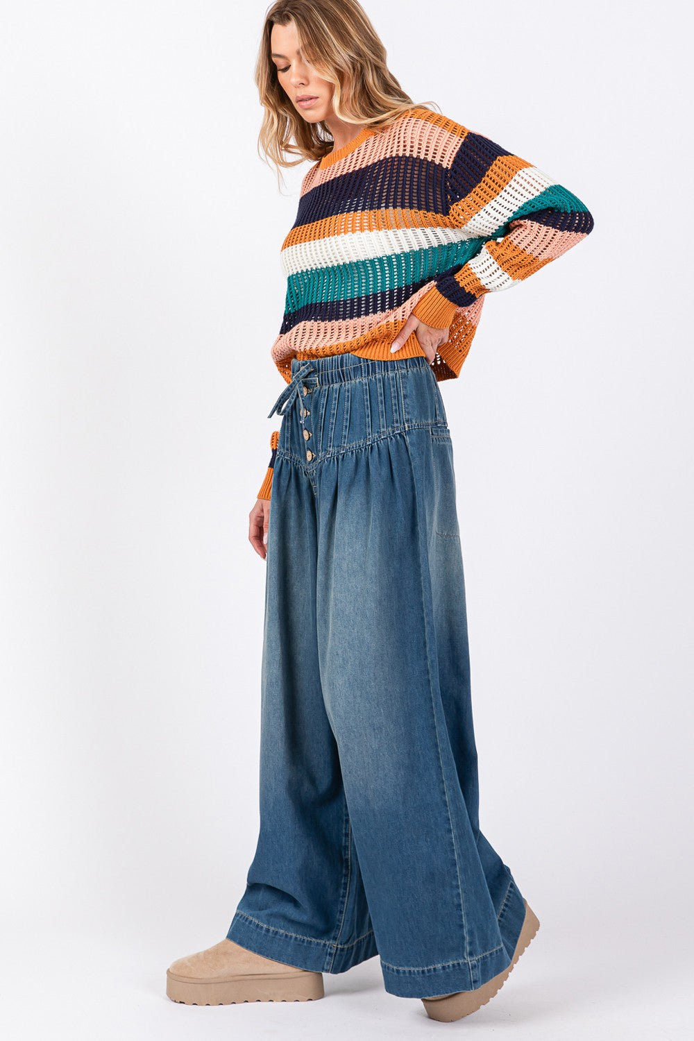 SAGE+FIG Smocked Waist Band Wide Leg Jeans Trendsi