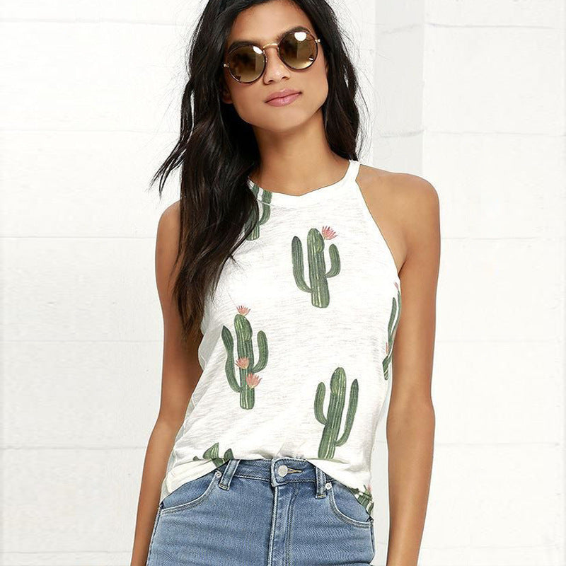 Summer Cactus Print Women T Shirt Casual Halter Harajuku Women TShirt Tops Tees Female Shirts Camiseta Women Tops ARZ