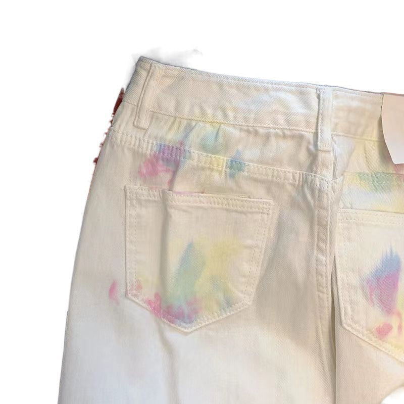 Retro Tie-dye Graffiti Straight High Waist Jeans For Women ARZ