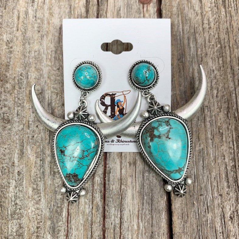 Artificial Turquoise Alloy Cow Head Earrings Trendsi