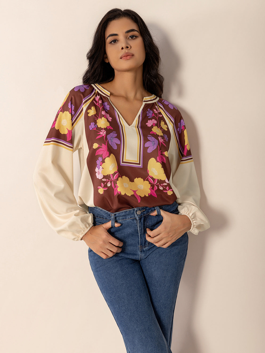 Printed Notched Long Sleeve Blouse Trendsi