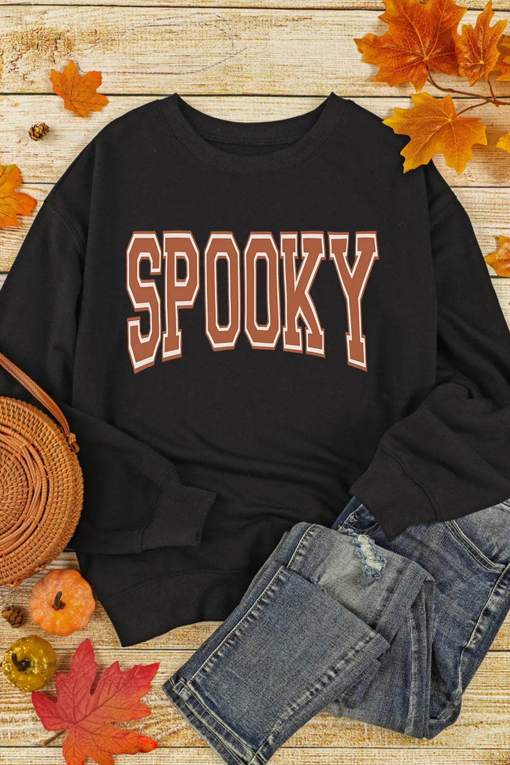 SPOOKY Round Neck Long Sleeve Sweatshirt Trendsi