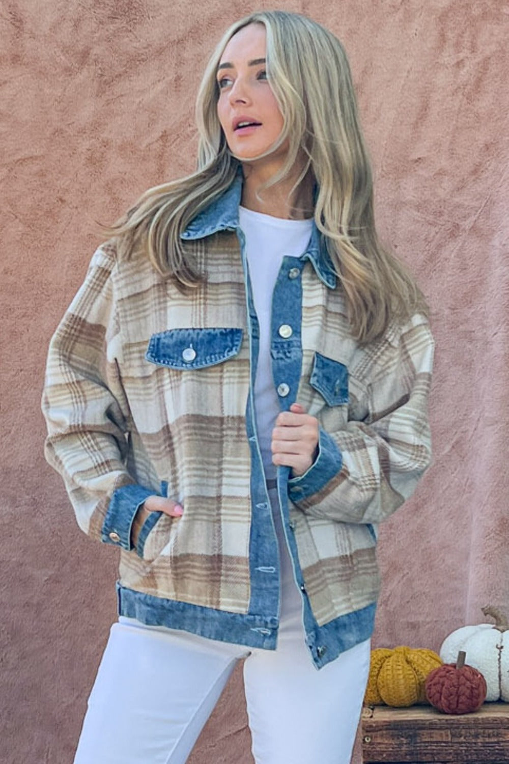 And The Why Full Size Washed Denim Detail Brushed Plaid Jacket Trendsi