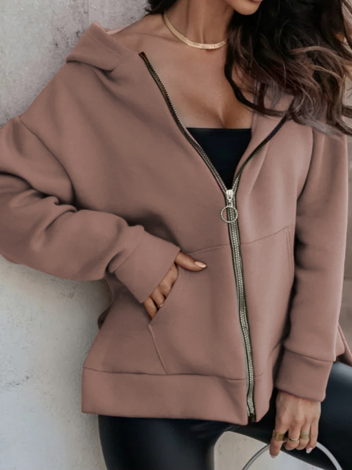 Zip-Up Slit Hoodie with Pockets Trendsi