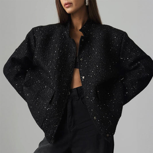 Gold Silk Sequin Jacket Women's Fashion Stand Collar ARZ