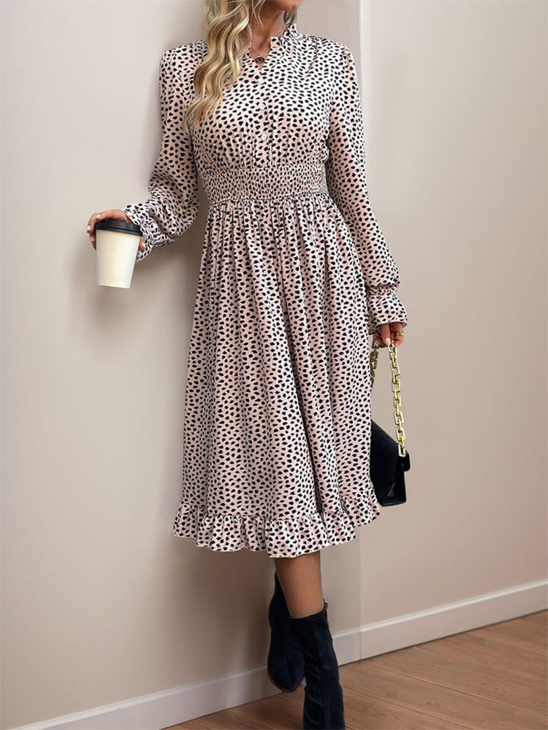 Perfee Ruched Ruffled Leopard Long Sleeve Dress Trendsi