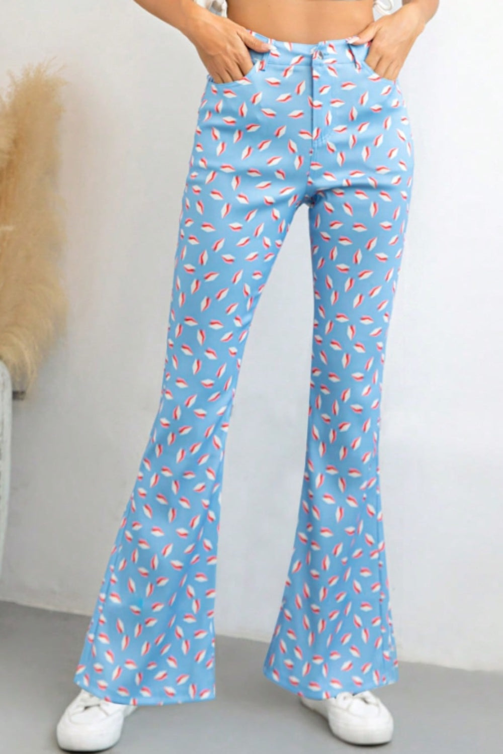 Printed High Waist Flare Pants with Pockets Trendsi