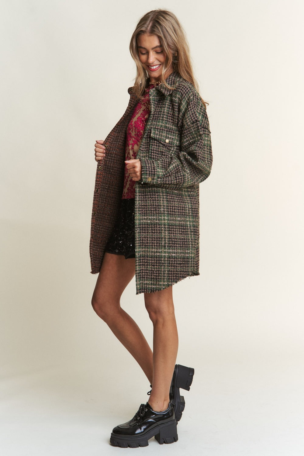 J.NNA Snap Down Tweed Plaid Contrast  Longline Shacket Trendsi