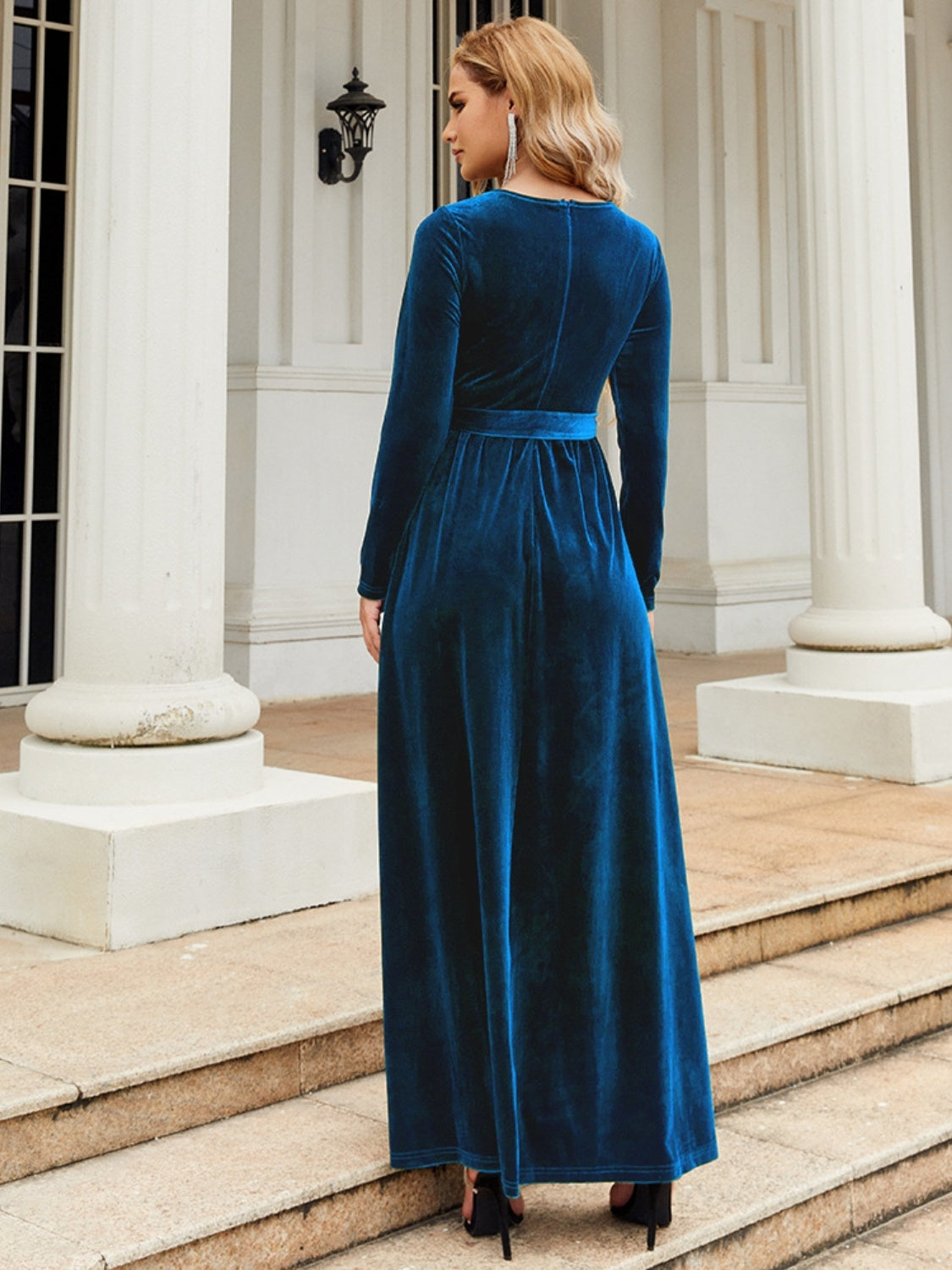 Tie Front Round Neck Long Sleeve Maxi Dress Trendsi