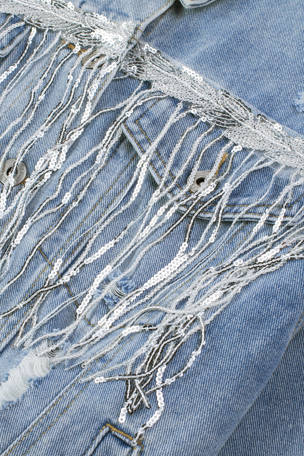 Sequin Fringe Trim Distressed Button Up Denim Jacket Trendsi