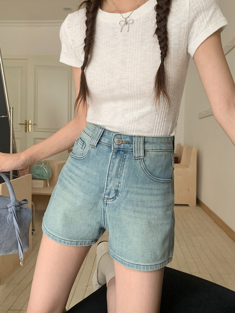 Women's Four Sided Elastic Light Colored High Waisted Denim Shorts ARZ