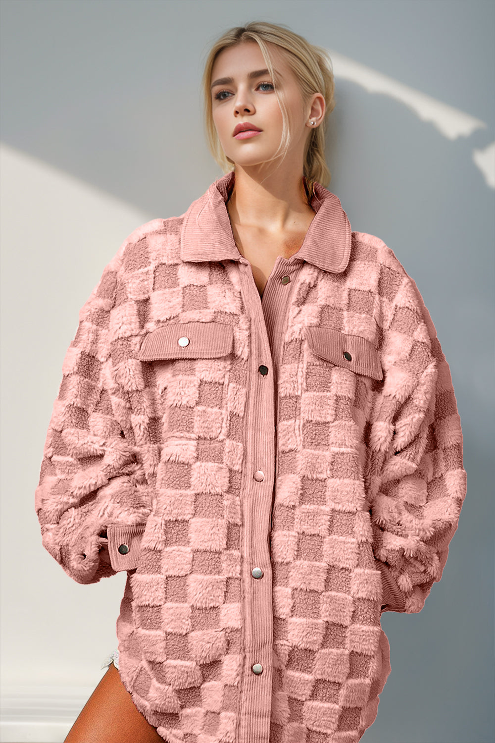 Double Take Button Up Fuzzy Checkered Shacket Trendsi