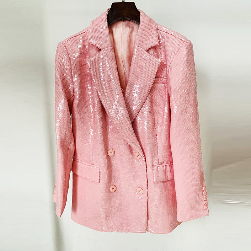 Women's Fashionable Double-breasted Loose Lotus Root Pink Sequined Blazer ARZ