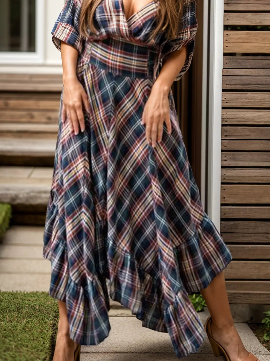 Plaid Asymmetrical Ruffle Hem Skirt Trendsi