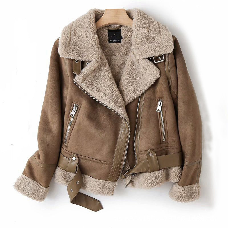 WInter Lapel Jacket Suede Lamb Wool Warm Coat Motorcycle Clothing Women Outwears ARZ