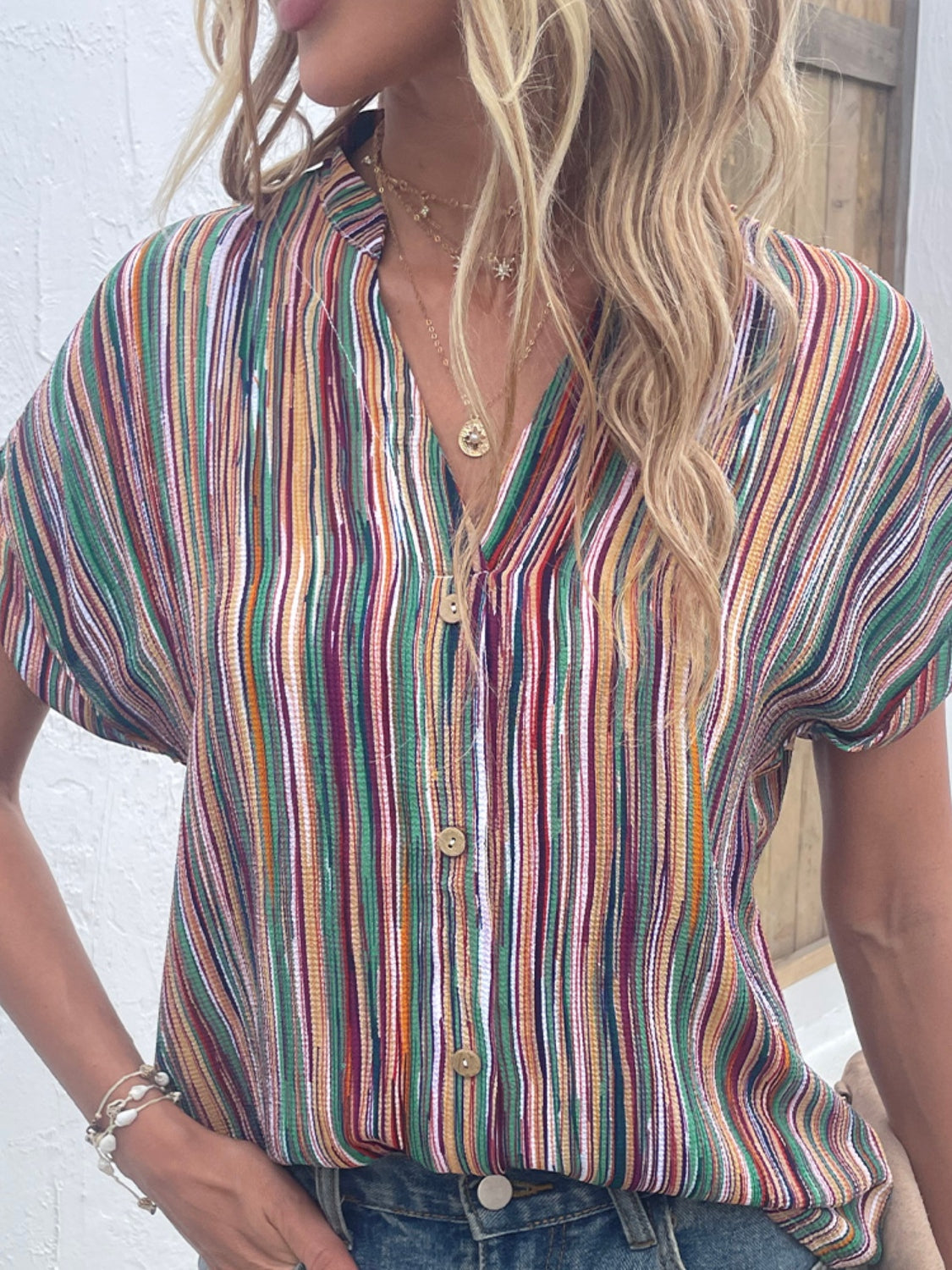 Shiny Striped Notched Short Sleeve Blouse Trendsi