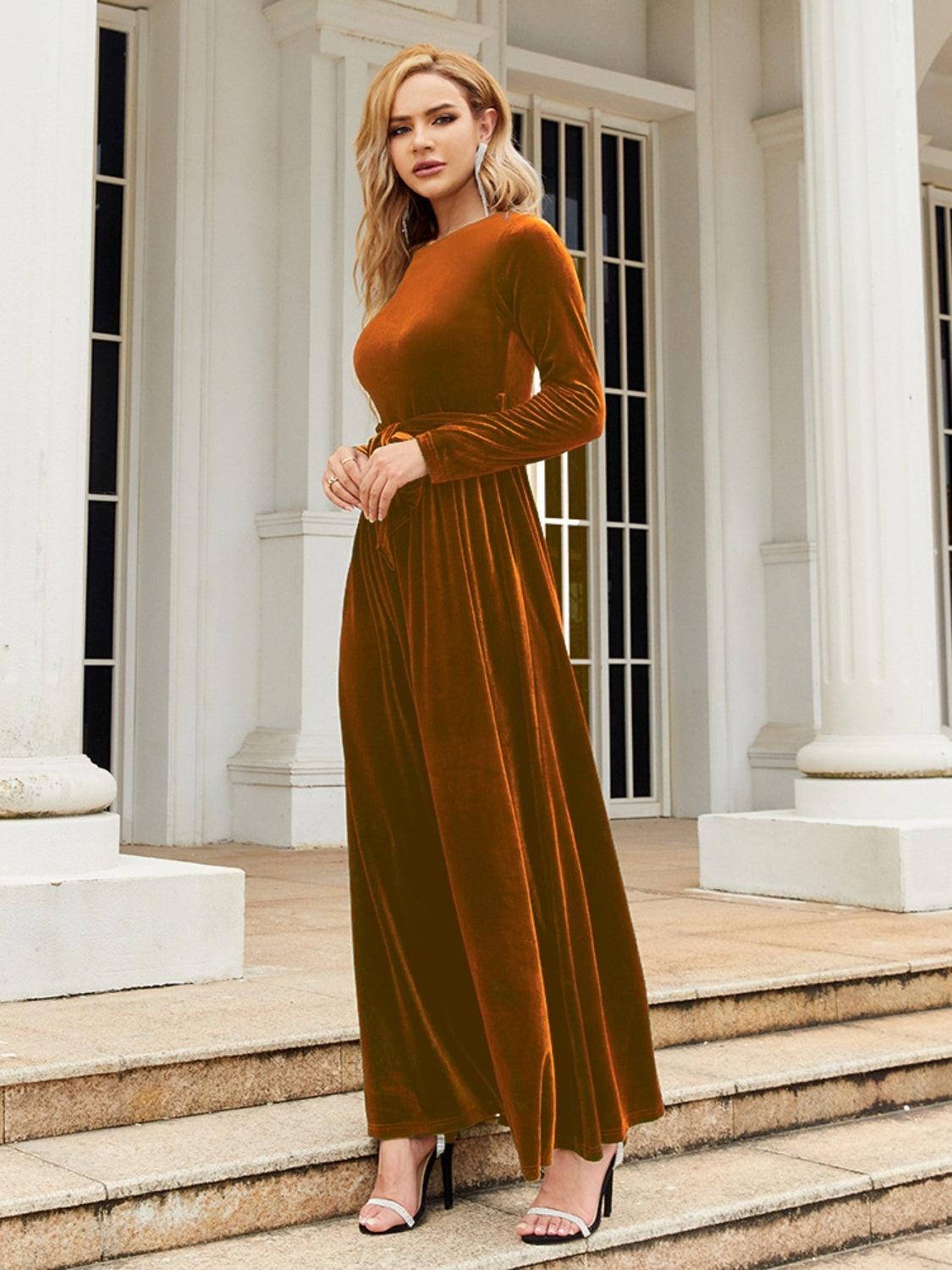 Tie Front Round Neck Long Sleeve Maxi Dress Trendsi