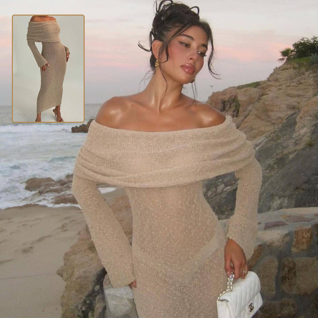 New One-shoulder Knitted Long-sleeved Dress Sexy Beach Holiday Long Dresses Womens Clothing ARZ