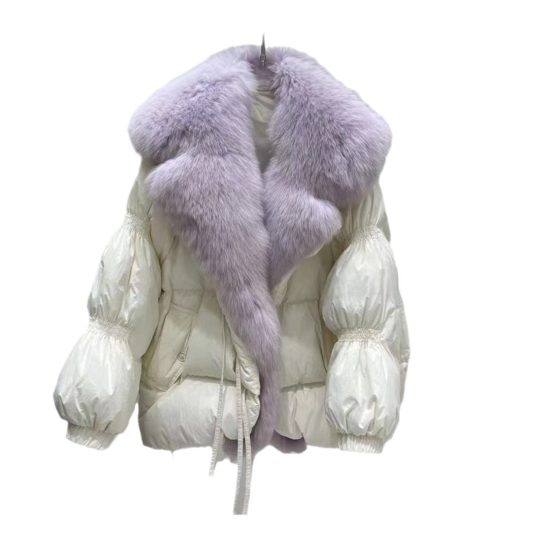 Short Loose Big Fur Collar White Duck Down Jacket Women's Coat ARZ