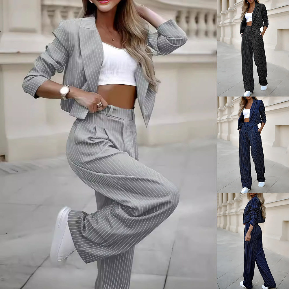 Fashion Striped Suits Casual Lapel Long Sleeve Cropped Top And Straight Pants Outfits Women's Clothing ARZ