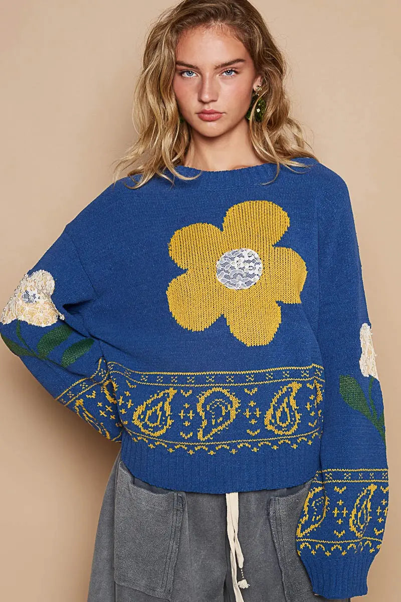 POL Flower Lace Patch Long Sleeve Sweater Trendsi