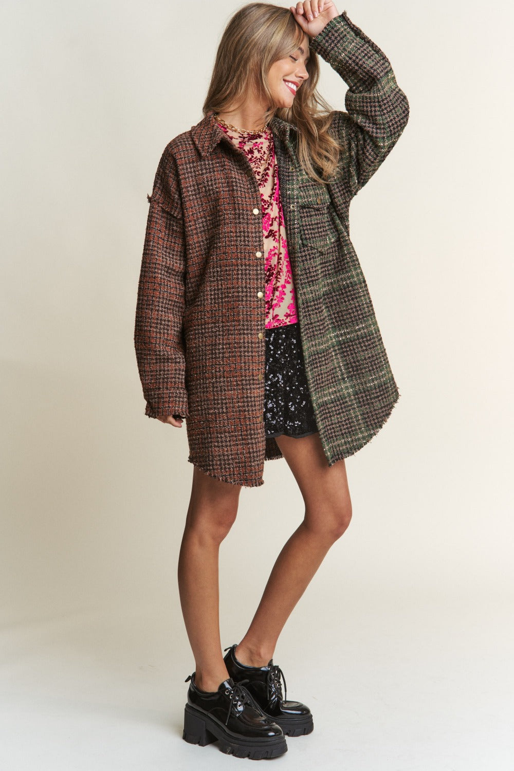 J.NNA Snap Down Tweed Plaid Contrast  Longline Shacket Trendsi